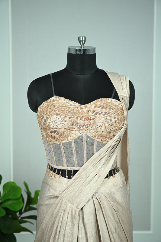 Rose Gold Shimmer Drape Saree with Sequin & Cutdana Embellished Blouse