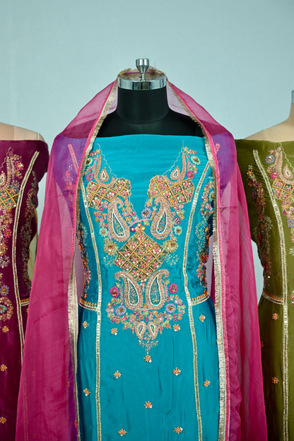 Hand-Embroidered Tabby Silk Luxury Unstitched Suit Collection