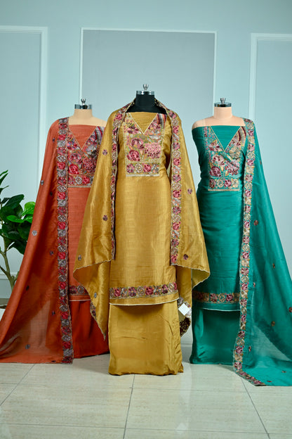Elegant Raw Silk Embroidered Unstitched Suit Set