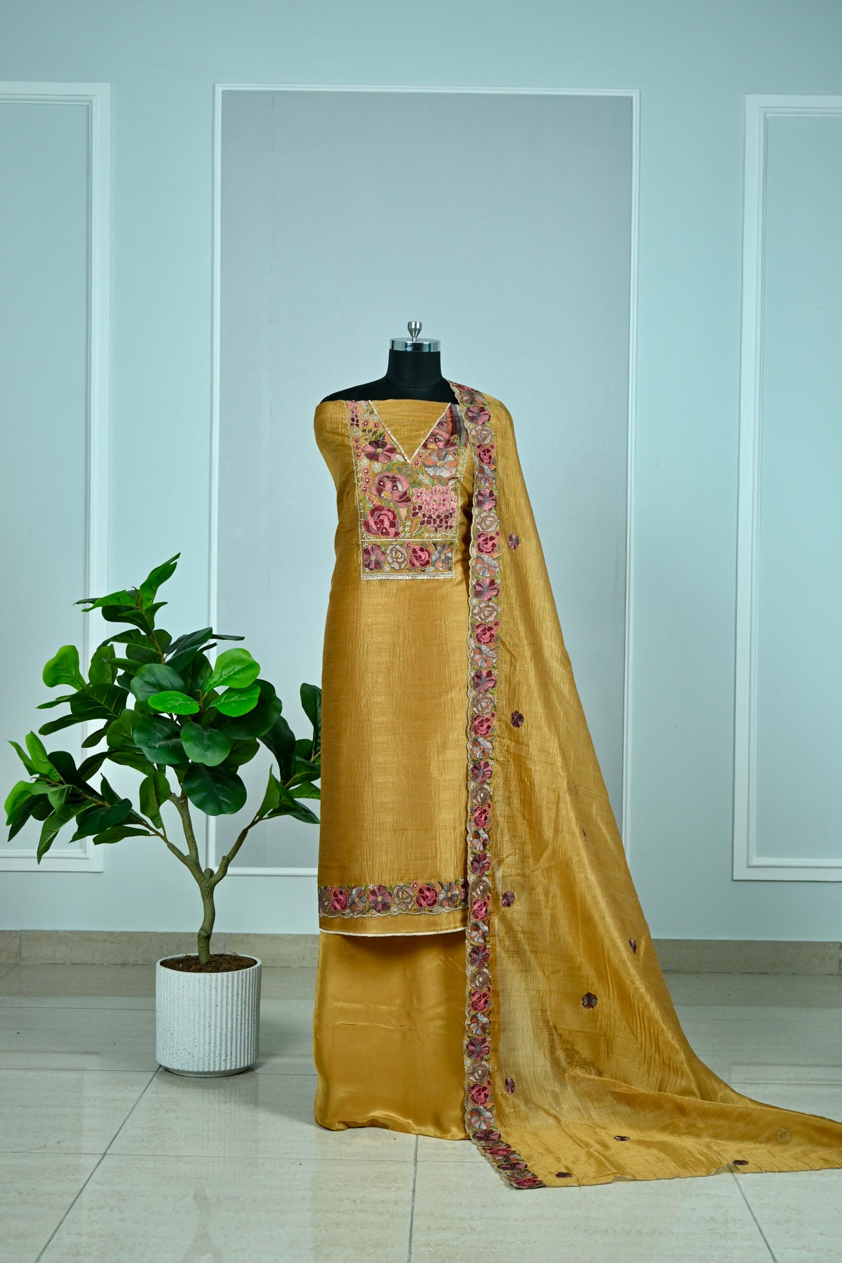 Elegant Raw Silk Embroidered Unstitched Suit Set