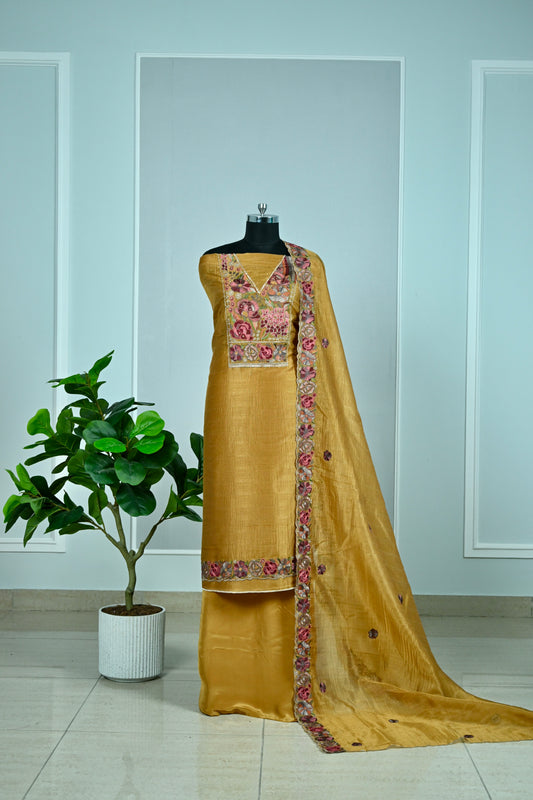 Elegant Raw Silk Embroidered Unstitched Suit Set