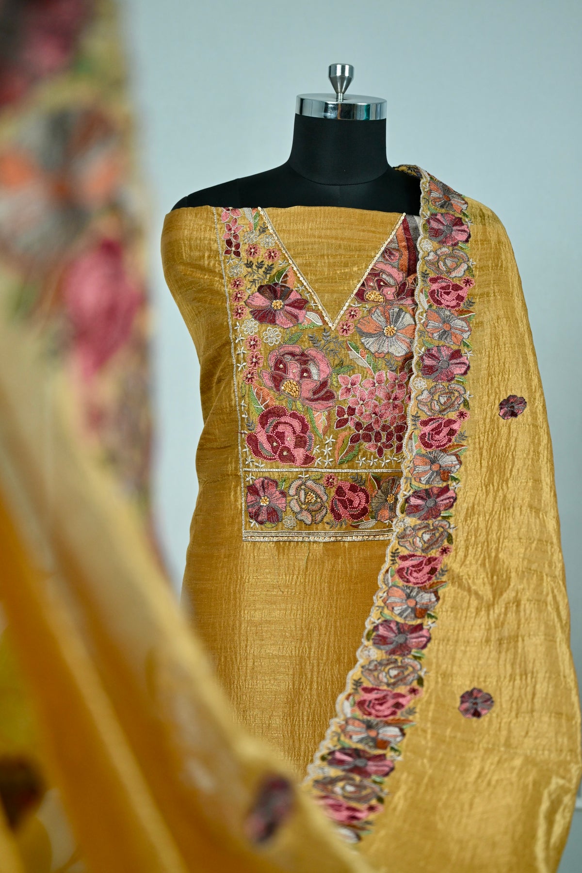 Elegant Raw Silk Embroidered Unstitched Suit Set