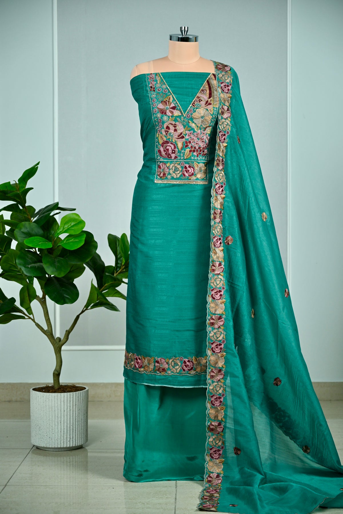 Elegant Raw Silk Embroidered Unstitched Suit Set
