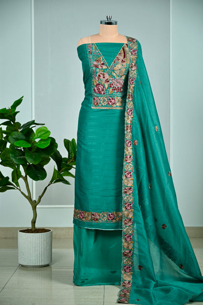 Elegant Raw Silk Embroidered Unstitched Suit Set