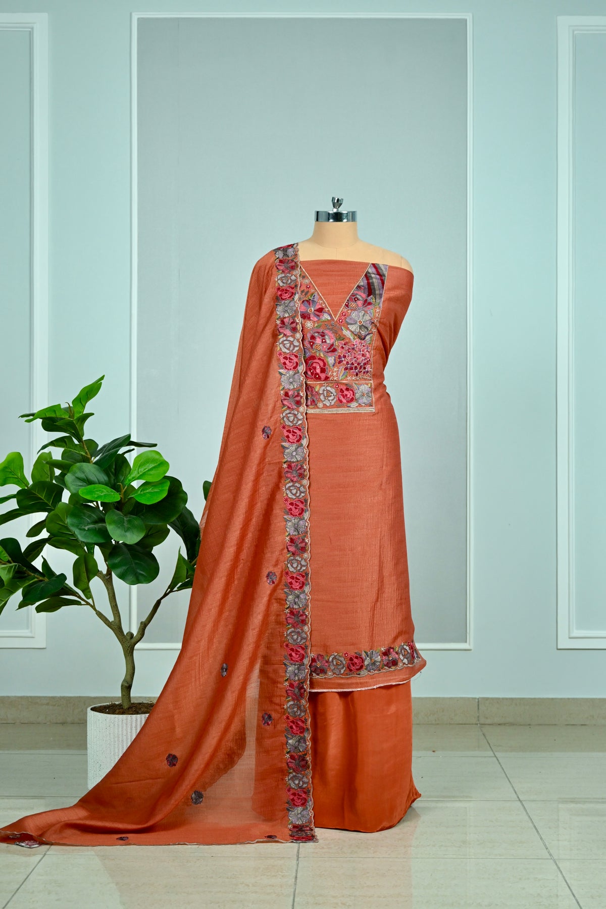 Elegant Raw Silk Embroidered Unstitched Suit Set