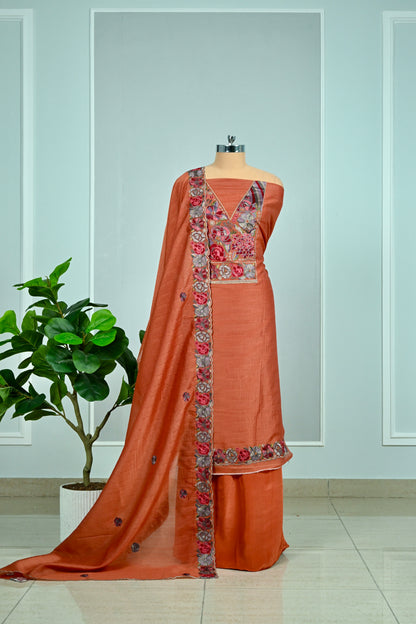 Elegant Raw Silk Embroidered Unstitched Suit Set