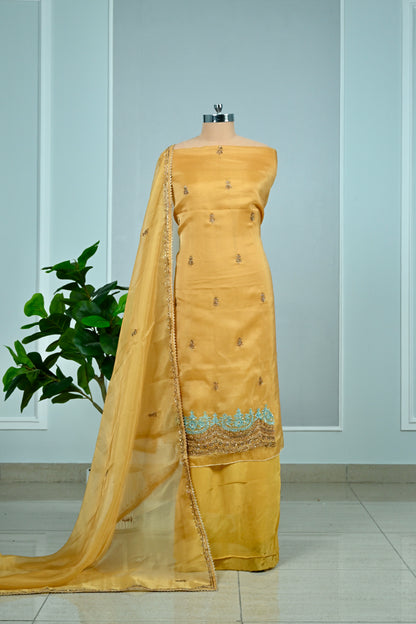 Elegant Hand-Embroidered Glass Organza Unstitched Suit Set