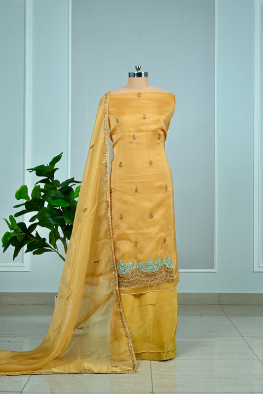 Elegant Hand-Embroidered Glass Organza Unstitched Suit Set