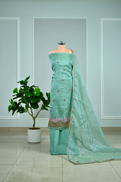 Elegant Hand-Embroidered Glass Organza Unstitched Suit Set