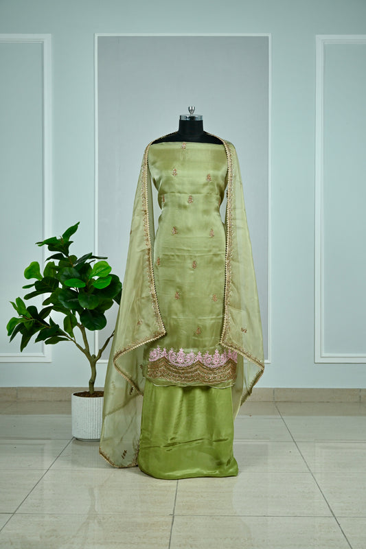 Elegant Hand-Embroidered Glass Organza Unstitched Suit Set