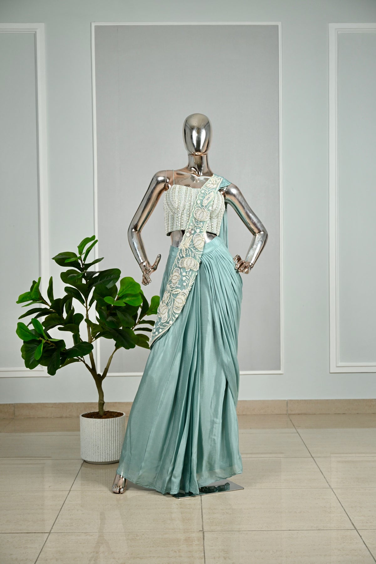 Sky Blue Designer Drape Saree