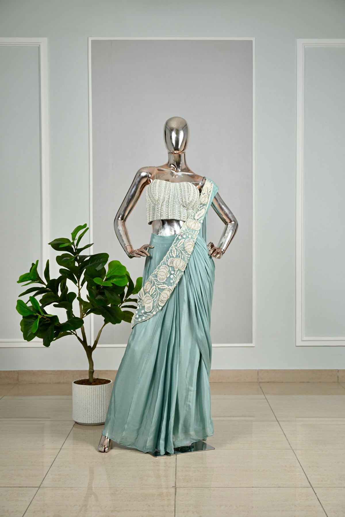 Sky Blue Designer Drape Saree