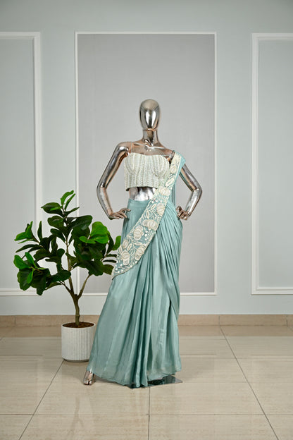 Sky Blue Designer Drape Saree
