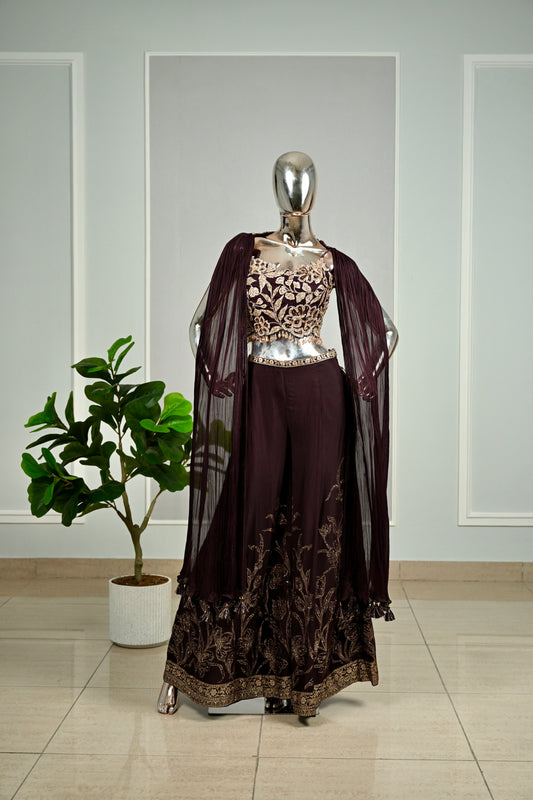 Wine Banarasi & Georgette Embroidered Sharara Set