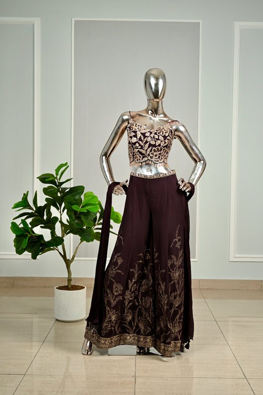 Wine Banarasi & Georgette Embroidered Sharara Set