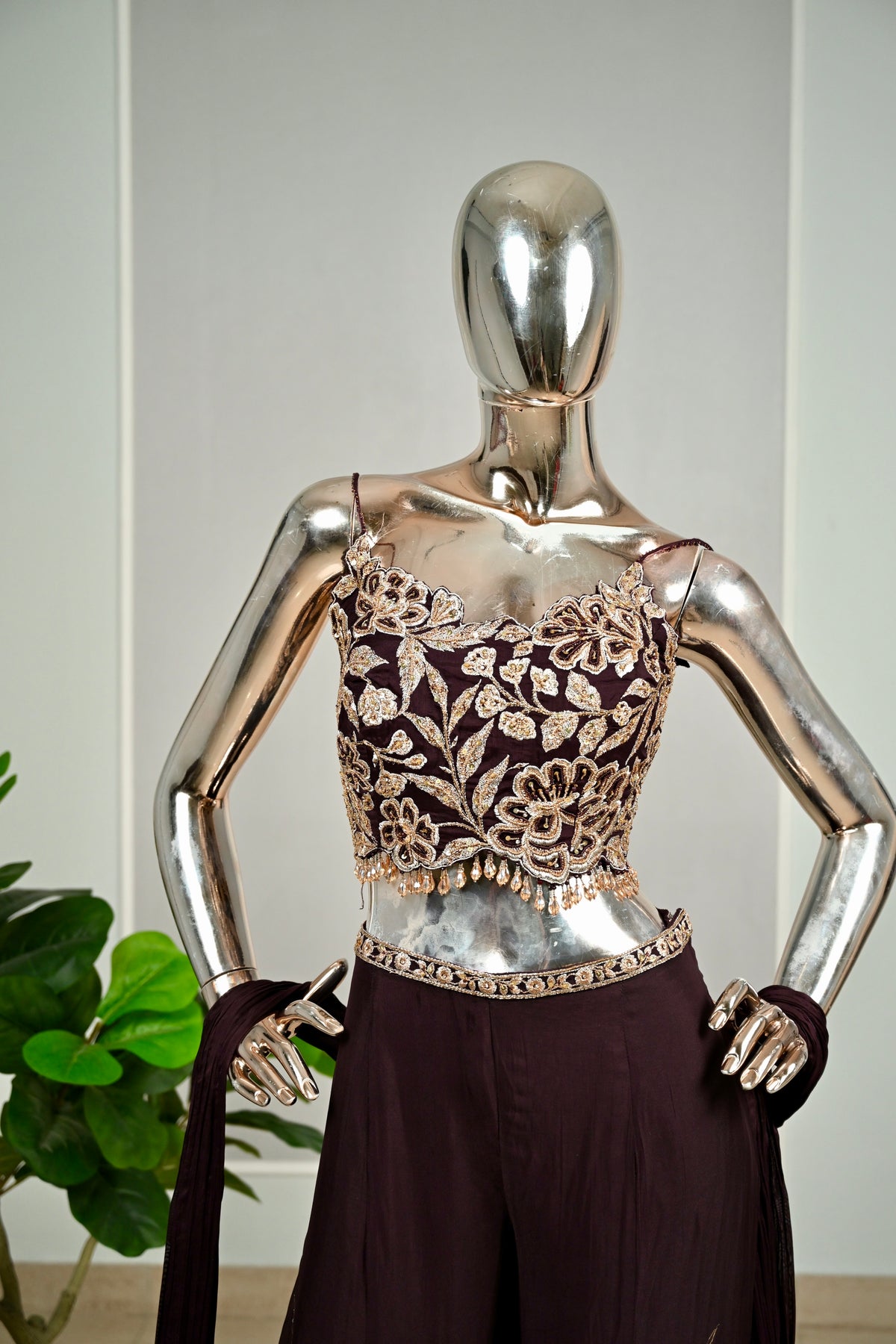 Wine Banarasi & Georgette Embroidered Sharara Set