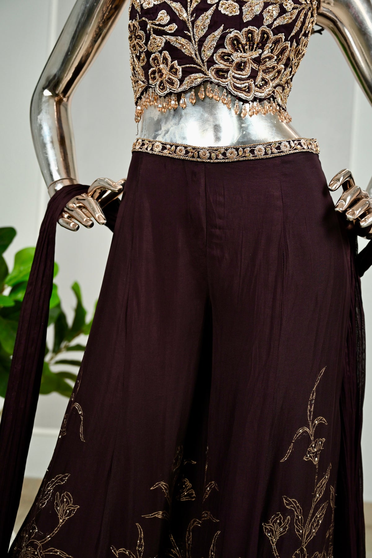 Wine Banarasi & Georgette Embroidered Sharara Set