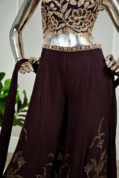 Wine Banarasi & Georgette Embroidered Sharara Set