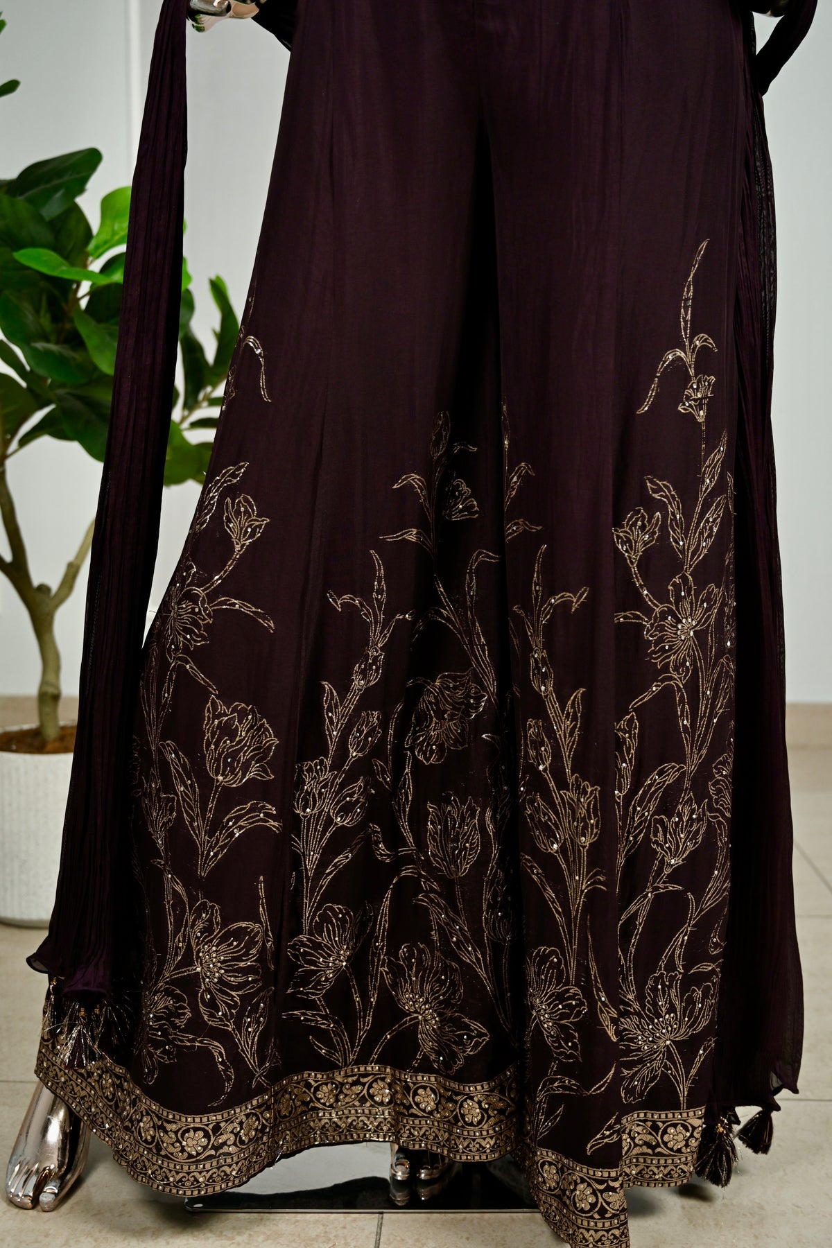 Wine Banarasi & Georgette Embroidered Sharara Set