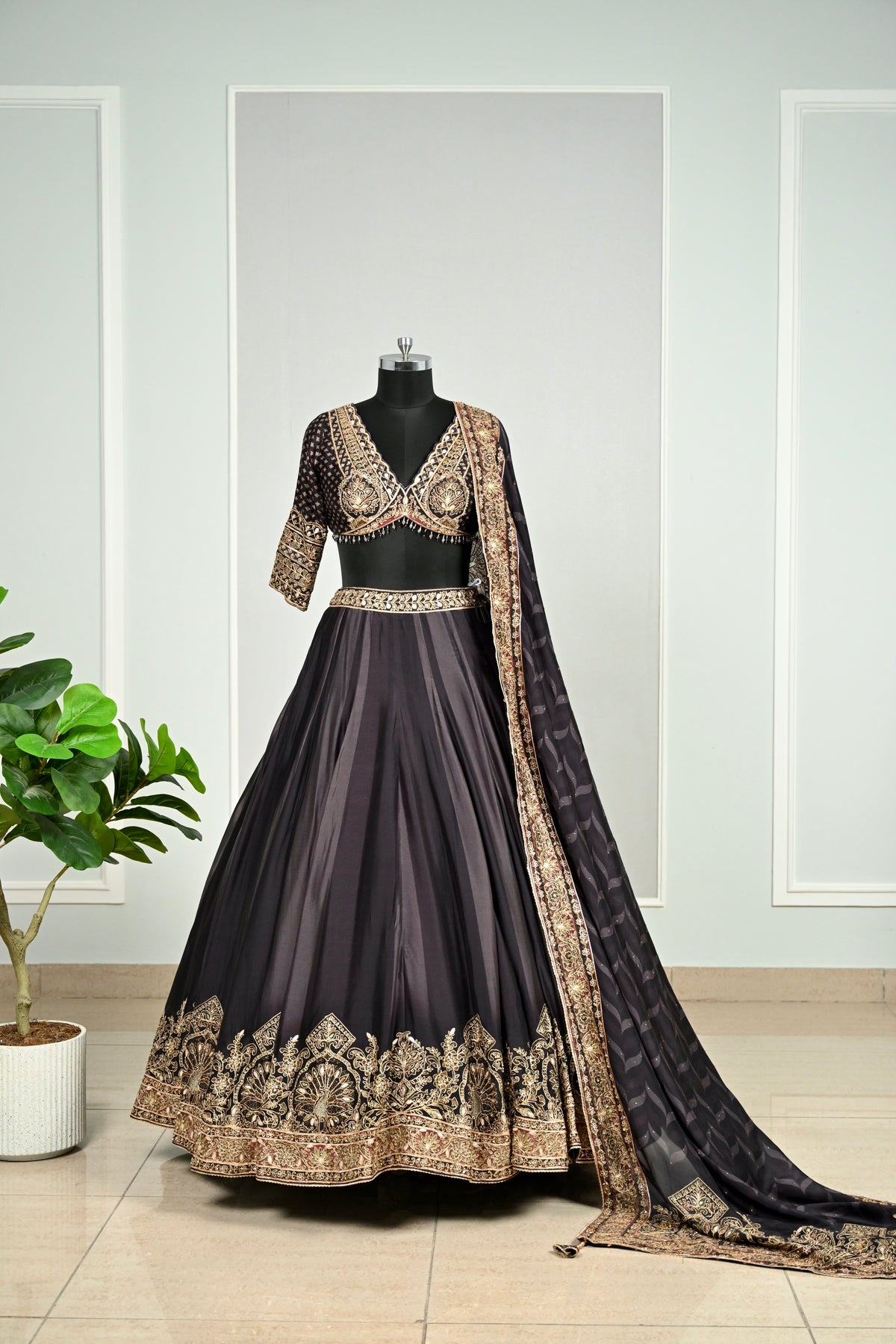 Black & Antique Gold Embroidered Lehenga Set