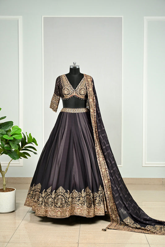 Black & Antique Gold Embroidered Lehenga Set