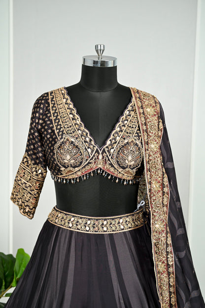 Black & Antique Gold Embroidered Lehenga Set