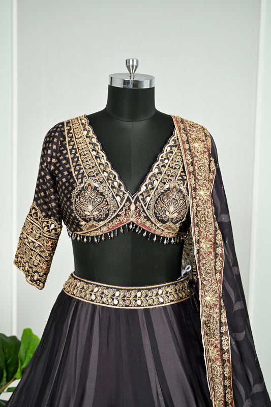Black & Antique Gold Embroidered Lehenga Set