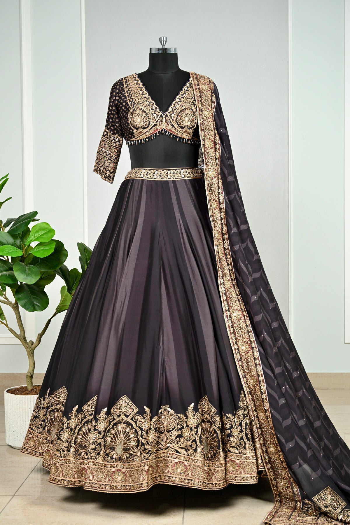 Black & Antique Gold Embroidered Lehenga Set