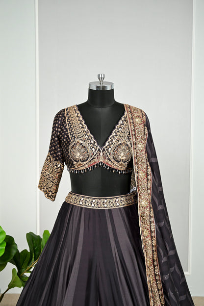 Black & Antique Gold Embroidered Lehenga Set