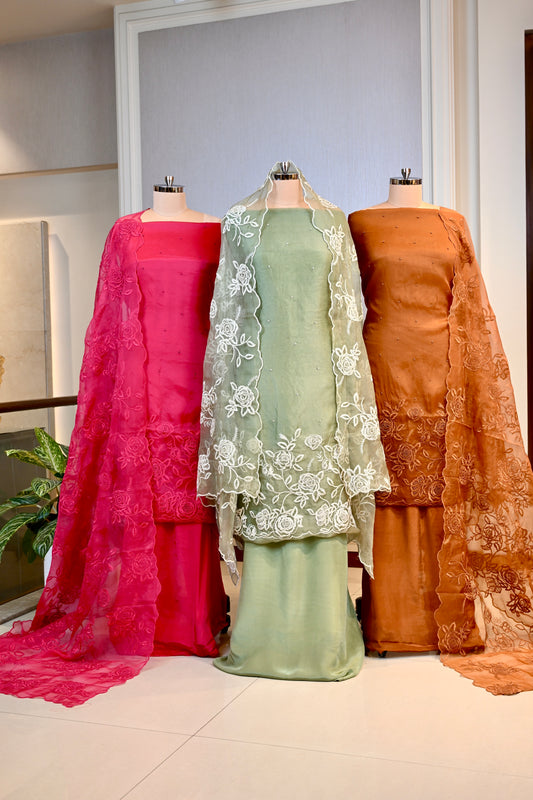 Elegant Organza Dori Work Unstitched Suit Set