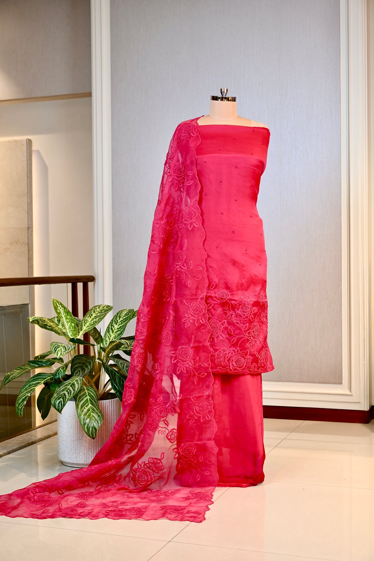 Elegant Organza Dori Work Unstitched Suit Set