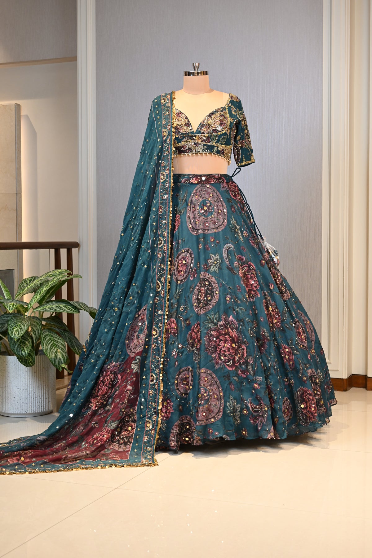 Peacock Green Organza Mirror Work Lehenga Set