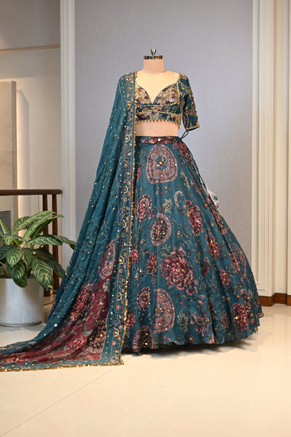 Peacock Green Organza Mirror Work Lehenga Set