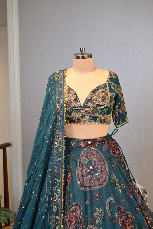 Peacock Green Organza Mirror Work Lehenga Set