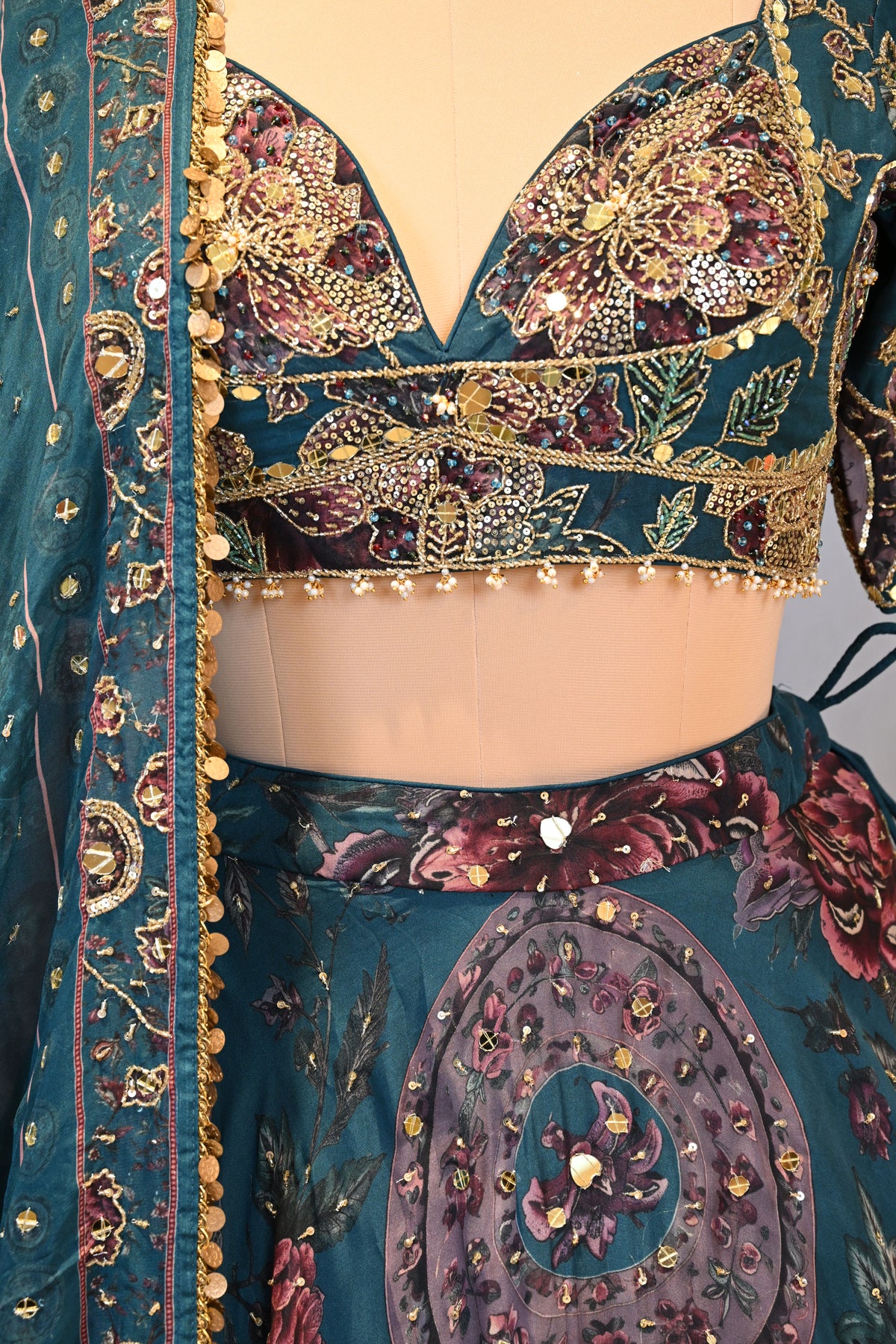 Peacock Green Organza Mirror Work Lehenga Set
