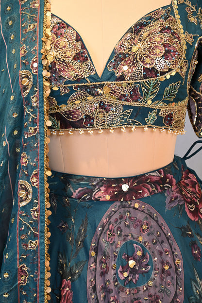 Peacock Green Organza Mirror Work Lehenga Set