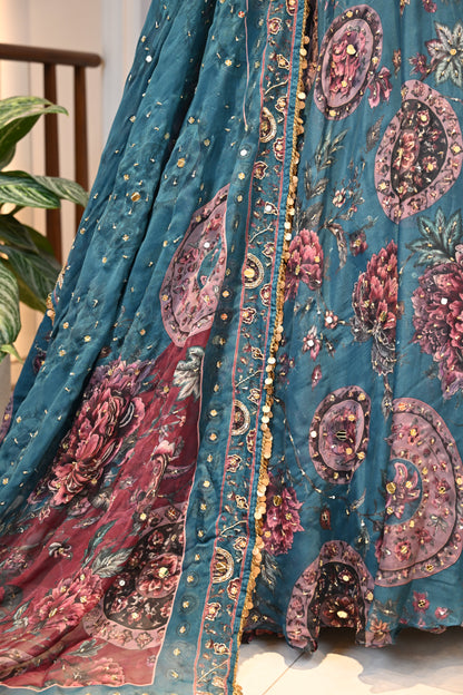 Peacock Green Organza Mirror Work Lehenga Set