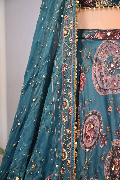 Peacock Green Organza Mirror Work Lehenga Set