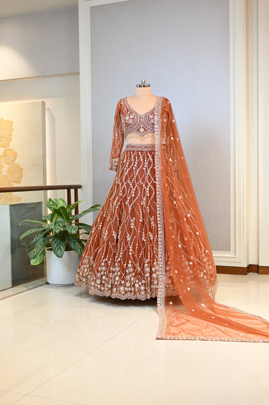 Copper Sequin & Beaded Crafted with Net Lehenga Set