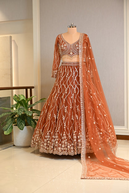 Copper Sequin & Beaded Crafted with Net Lehenga Set