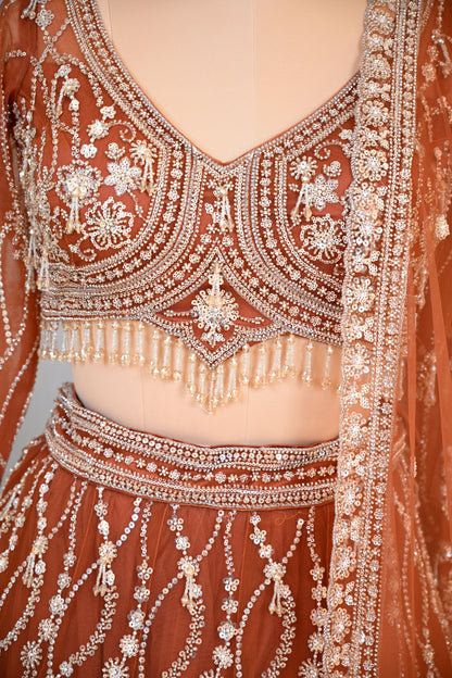 Copper Sequin & Beaded Crafted with Net Lehenga Set