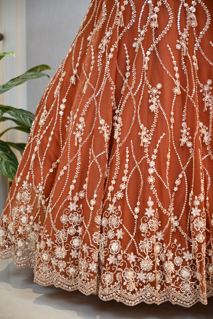 Copper Sequin & Beaded Crafted with Net Lehenga Set