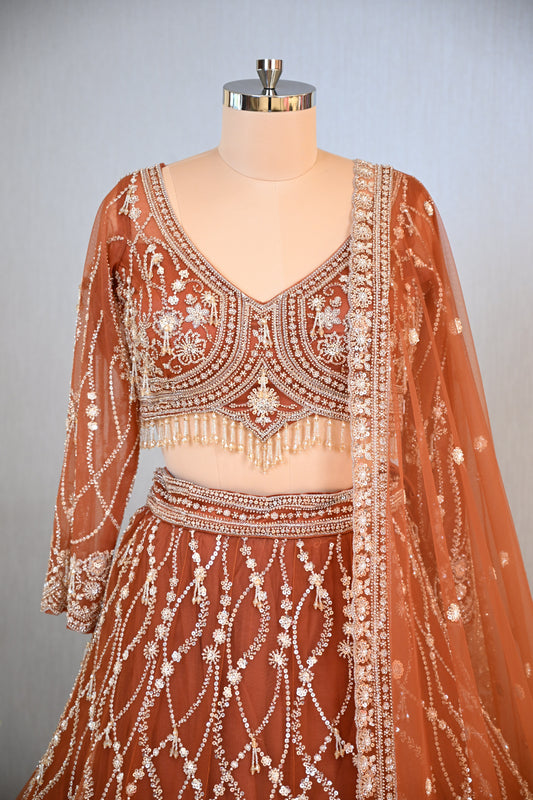 Copper Sequin & Beaded Crafted with Net Lehenga Set