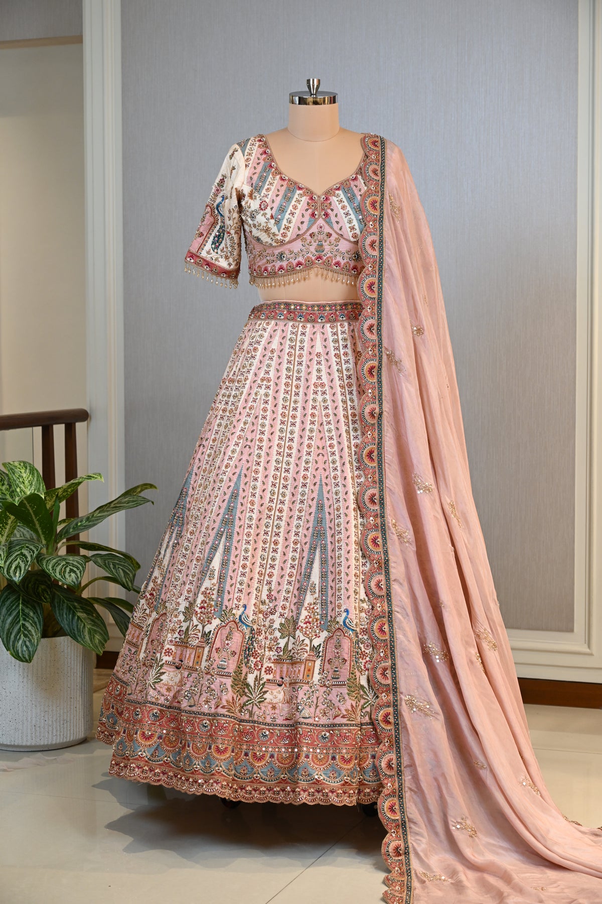 Crafted In Luxurious Dupion Silk Peach Dupion  Lehenga Set