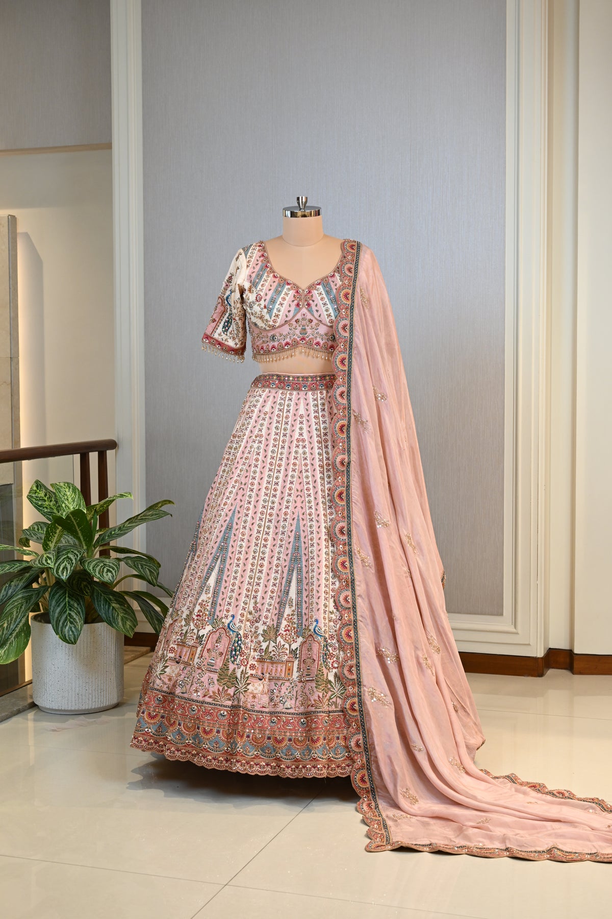 Crafted In Luxurious Dupion Silk Peach Dupion  Lehenga Set