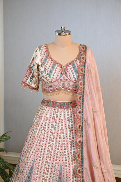 Crafted In Luxurious Dupion Silk Peach Dupion  Lehenga Set