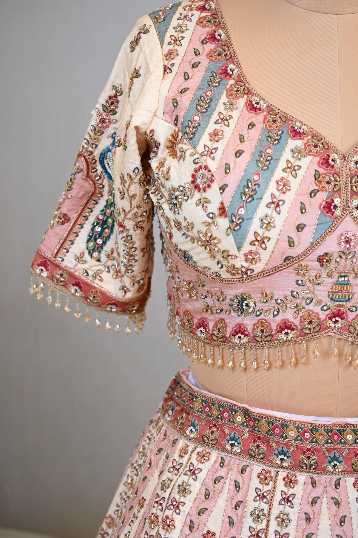 Crafted In Luxurious Dupion Silk Peach Dupion  Lehenga Set