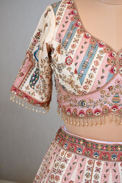 Crafted In Luxurious Dupion Silk Peach Dupion  Lehenga Set