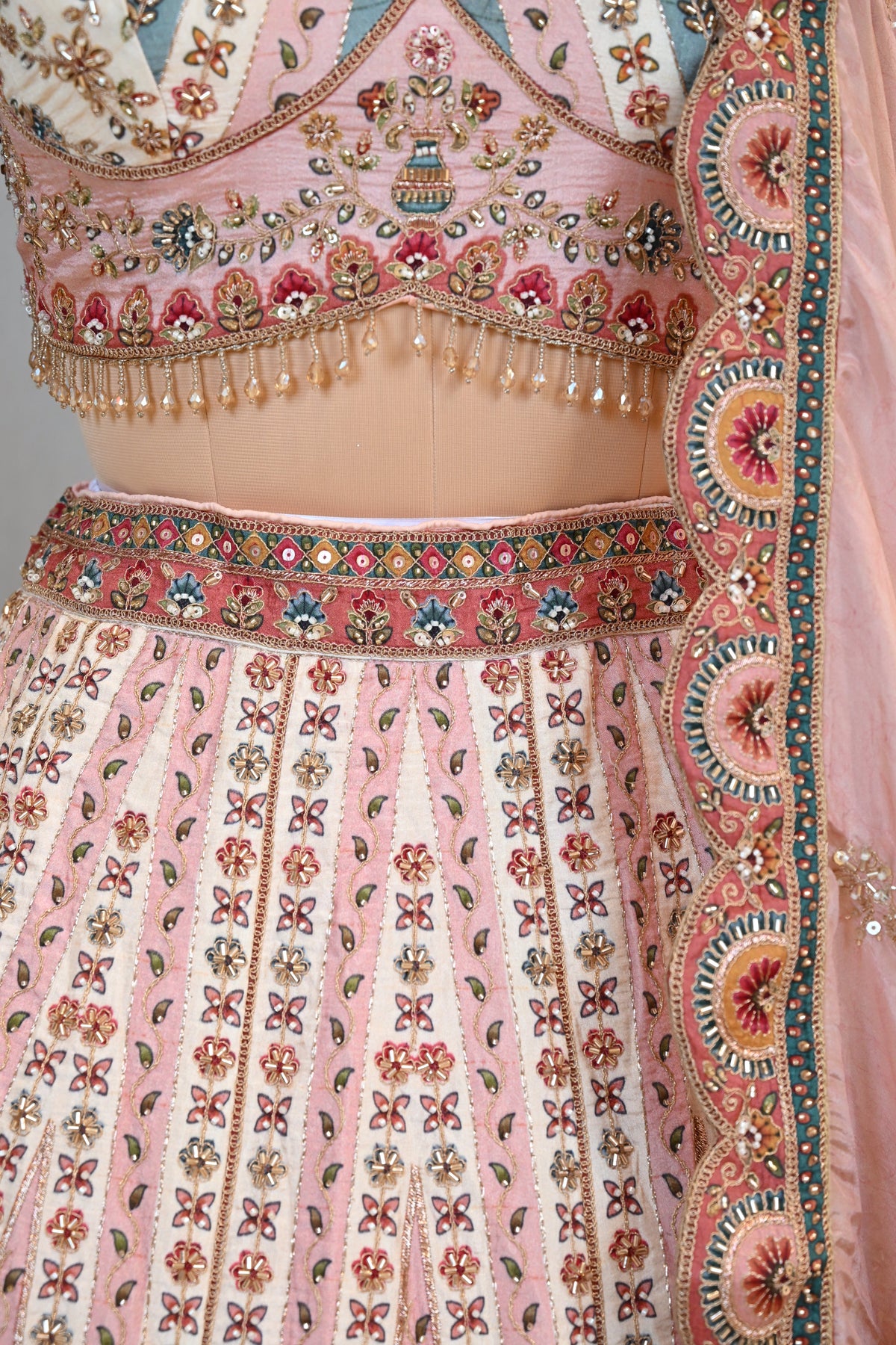 Crafted In Luxurious Dupion Silk Peach Dupion  Lehenga Set