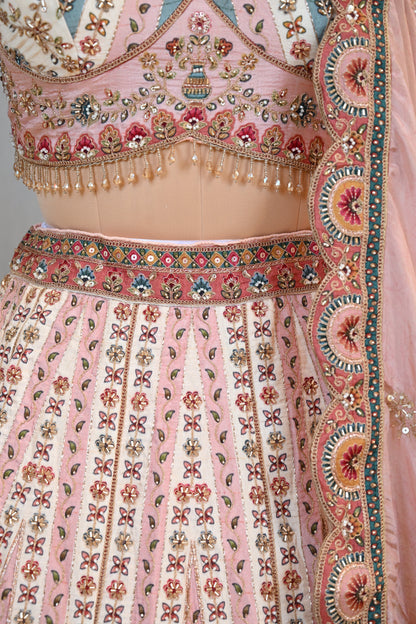 Crafted In Luxurious Dupion Silk Peach Dupion  Lehenga Set